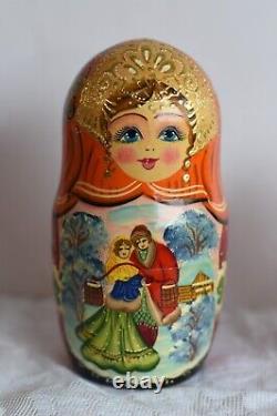 9 Russian Matryoshka Wooden Nesting Dolls Set of 7 Winter Scenes Gold Paint (Q)