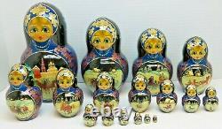 9 Russian Wood Nesting Doll 17 Dolls Winter Landscape 3 Horse Sleigh J151