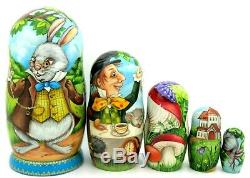 ALICE IN WONDERLAND Matryoshka 5 Mad Hatter White Rabbit Russian Nesting Dolls
