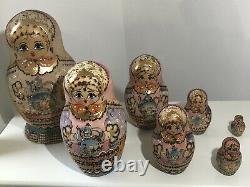 Antique Rare Russian Nesting Babushka Hand Painted Wooden 7 Dolls Signed Cepzued