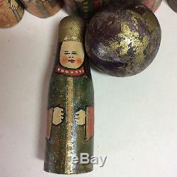 Antique Russian Dolls Skittle Figures Folk Art 3.5 4 inches Full Set & Ball