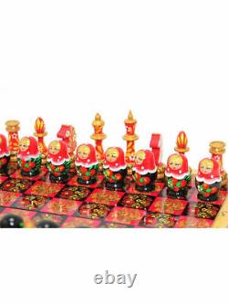 Art Russian Chess Set Hand Painted Style Of Nesting Khokhloma Doll