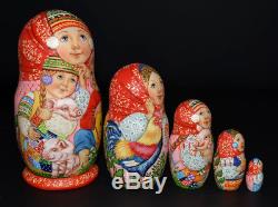 Art Russian Nesting Doll Farm children hand painted, signed by Russian artist