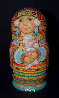 Art Russian Nesting Doll Farm girls hand painted and signed by Russian artist