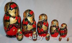 Babushka Matryoshka Berries Girl Russian Nesting Dolls 10 Pc Large Hand Painted
