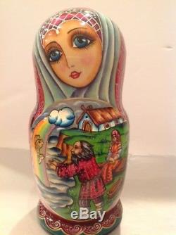 BEAUTIFUL RUSSIAN FEDOSKINO STYLE 7 NEST. DOLL THE TALE OF GOLDEN FISH 90-s