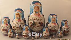 BEAUTIFUL RUSSIAN NESTING DOLL WINTER RIDING ON THREES15 pc SIGNED 11 2000