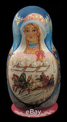 BEAUTIFUL RUSSIAN NESTING DOLL WINTER RIDING ON THREES15 pc SIGNED 11 2000