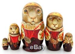 BUNNY RABBIT Russian 5 small nesting dolls Genuine hand painted UNIQUE ART GIFT