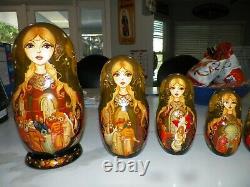 Beautiful Handpainted Russian Matryoshka Babushka Nesting Doll 10 Pc Brown