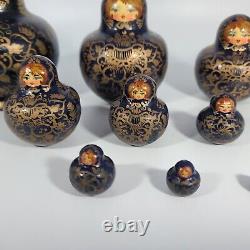 Beautiful Navy & Gold Floral Matryoshka Dolls Russian Nesting 9 Piece