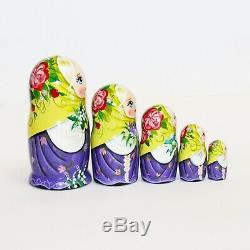 Beautiful nesting dolls Russian girls with spring flowers signed matryoshka