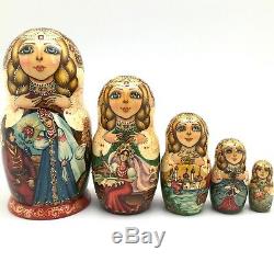 Beauty and The Beast Fairy Tale Story Russian Hand Carved Painted Nesting Doll