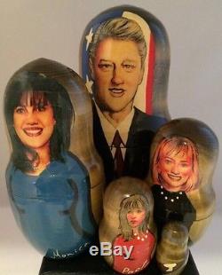 Bill Hillary Clinton, Monica Lewinsky Etc Wood Nesting Doll Hand-Painted Russian