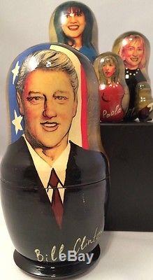 Bill Hillary Clinton, Monica Lewinsky Etc Wood Nesting Doll Hand-Painted Russian