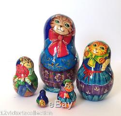 CAT FAMALY Russian Hand Carved Hand Painted UNIQUE Nesting Doll Set