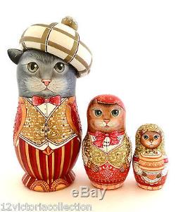 CAT FAMILY UNIQUE Art Work Russian Hand Carved Hand Painted Nesting DOLL Set