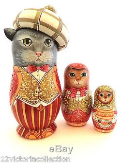 CAT FAMILY UNIQUE Art Work Russian Hand Carved Hand Painted Nesting DOLL Set