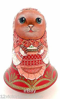 Cat Roly Poly Russian Hand Carved Hand Painted no Nesting DOLL bell