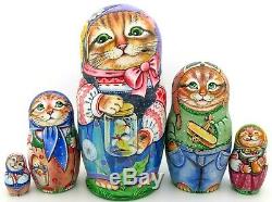Cats Kitten MATRYOSHKA ORIGINAL Russian nesting dolls 5 BABUSHKA signed CHMELEVA