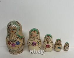 Ceprueb Nocag Vintage Signed Russian Nesting Female Doll 1990s Set of 5