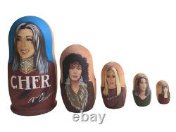 Cher Themed Russian Matryoshka Nesting Dolls OOAK 5 Piece Rare Wooden Art