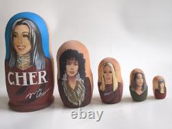 Cher Themed Russian Matryoshka Nesting Dolls OOAK 5 Piece Rare Wooden Art