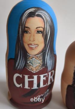 Cher Themed Russian Matryoshka Nesting Dolls OOAK 5 Piece Rare Wooden Art