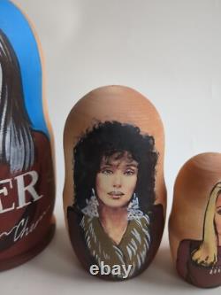 Cher Themed Russian Matryoshka Nesting Dolls OOAK 5 Piece Rare Wooden Art
