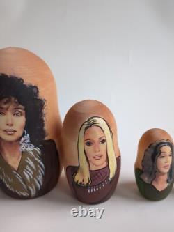 Cher Themed Russian Matryoshka Nesting Dolls OOAK 5 Piece Rare Wooden Art