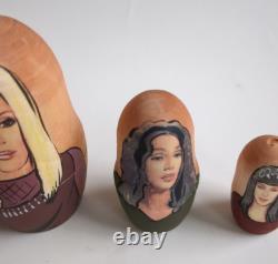 Cher Themed Russian Matryoshka Nesting Dolls OOAK 5 Piece Rare Wooden Art