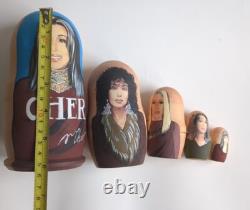 Cher Themed Russian Matryoshka Nesting Dolls OOAK 5 Piece Rare Wooden Art