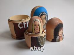 Cher Themed Russian Matryoshka Nesting Dolls OOAK 5 Piece Rare Wooden Art