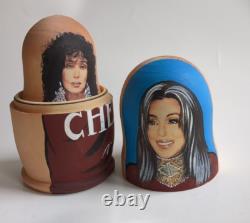 Cher Themed Russian Matryoshka Nesting Dolls OOAK 5 Piece Rare Wooden Art
