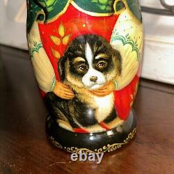 Christmas Puppies Russian Hand Painted Matryoshka 5 Pce Nesting Doll Signed