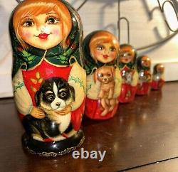 Christmas Puppies Russian Hand Painted Matryoshka 5 Pce Nesting Doll Signed