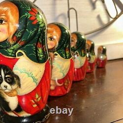 Christmas Puppies Russian Hand Painted Matryoshka 5 Pce Nesting Doll Signed