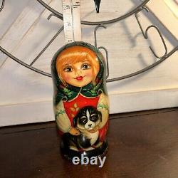 Christmas Puppies Russian Hand Painted Matryoshka 5 Pce Nesting Doll Signed