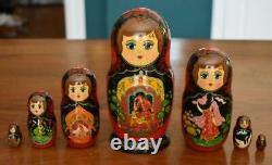 Circa 1992 Russian 7 Doll Matryoshka Nesting Doll Set #3 Fairy Tale Fable Motif