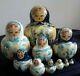 Collectable Hand Painted Blue Gold Russian Dolls Matryoshka 10 Babushka Doll Set