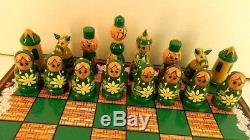 Collectible Art Russian Chess Set Hand Painted Style Of Nesting Khokhloma Doll