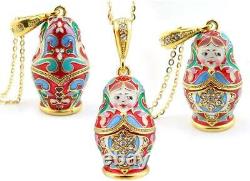 (D) Russian Souvenirs Nesting Dolls Matryoshka Enamel Pendant Silver 925 (Red)