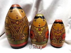 EXREMELY RARE Vintage Russian Nesting Dolls Folk Art Asian Wooden Aiguel Wood 3p