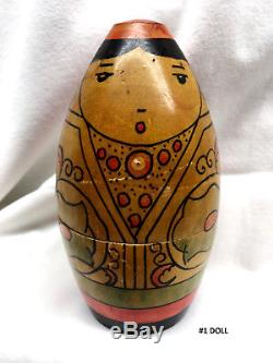 EXREMELY RARE Vintage Russian Nesting Dolls Folk Art Asian Wooden Aiguel Wood 3p