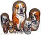 English Bulldog On Russian Nesting Dolls. Set Of Ten