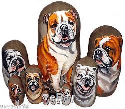 English Bulldog on Russian Nesting Dolls. Set of Ten