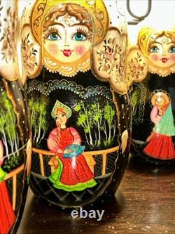 Exquisite Russian Matryoshka Folklore Handmade 7 Pce Nesting Doll Signed