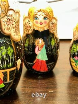 Exquisite Russian Matryoshka Folklore Handmade 7 Pce Nesting Doll Signed