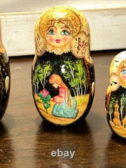 Exquisite Russian Matryoshka Folklore Handmade 7 Pce Nesting Doll Signed