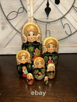 Exquisite Russian Matryoshka Folklore Handmade 7 Pce Nesting Doll Signed